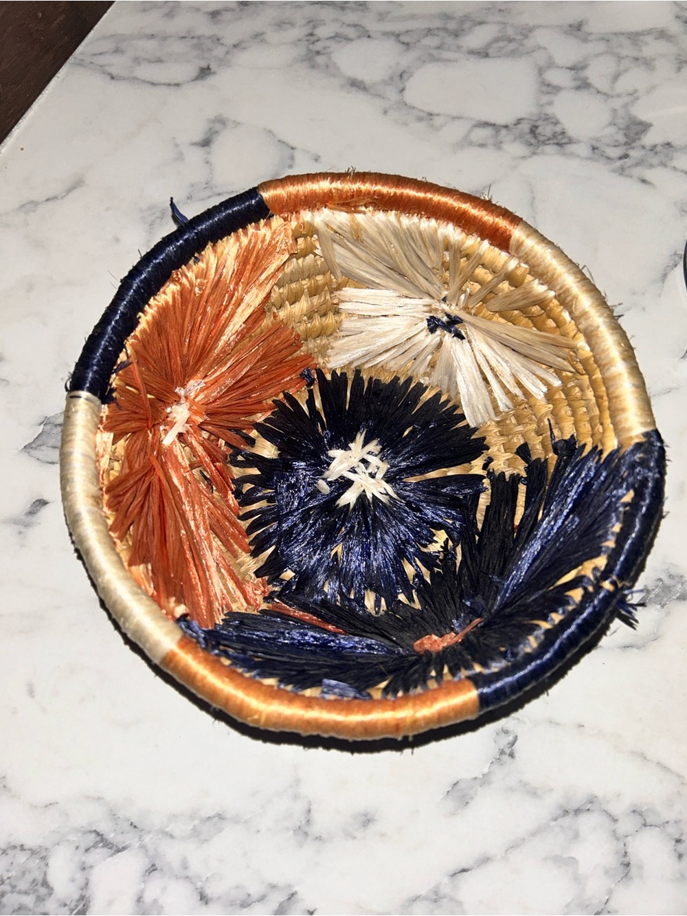 ANTHRO Handwoven Decorative Bowl in Navy, Orange, Natural Floral Planter Boho.